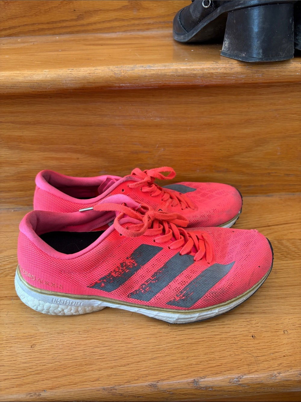 adidas ADIZERO Women's Neon Pink Athletic Running Shoes with Gray Stripes